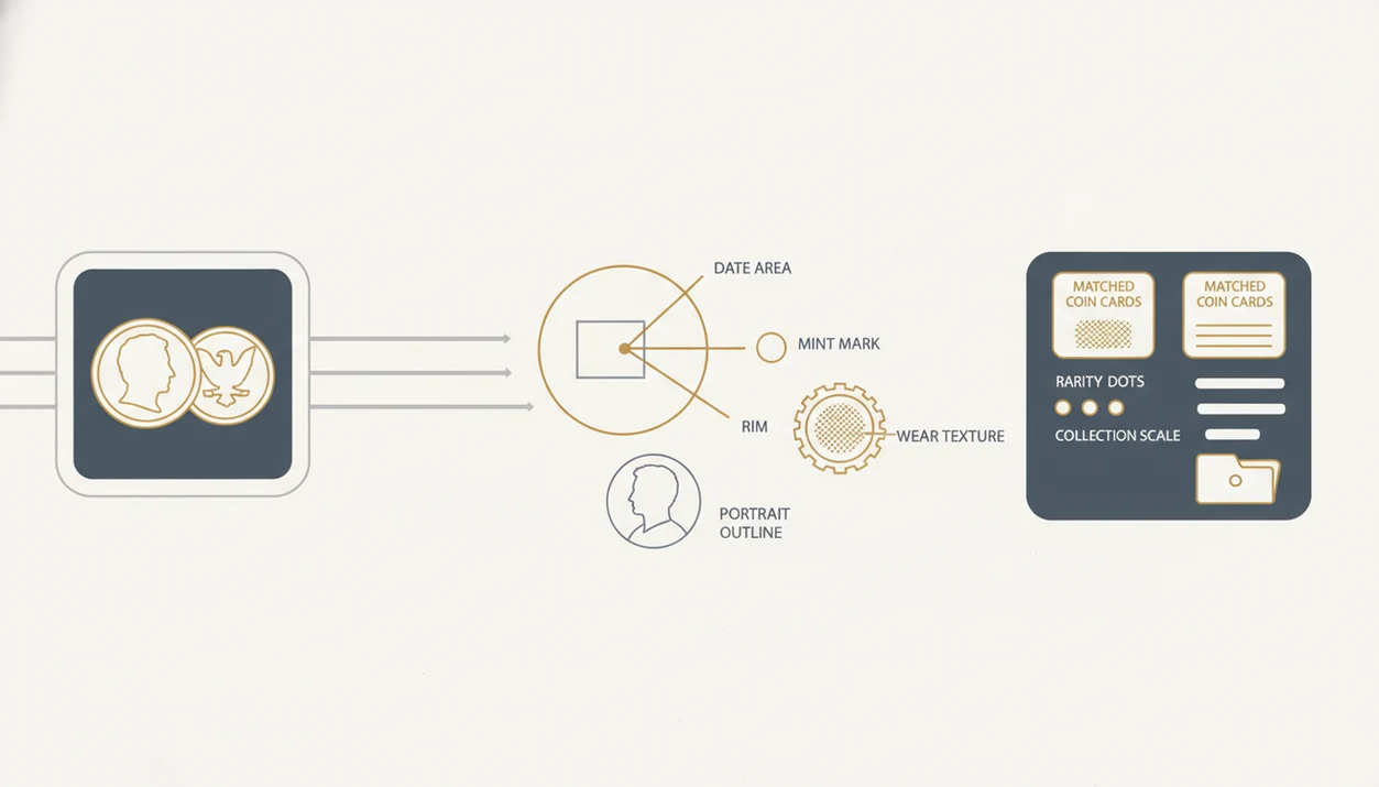 A clean diagram shows coin photos becoming feature matches, rarity hints, and collection records.