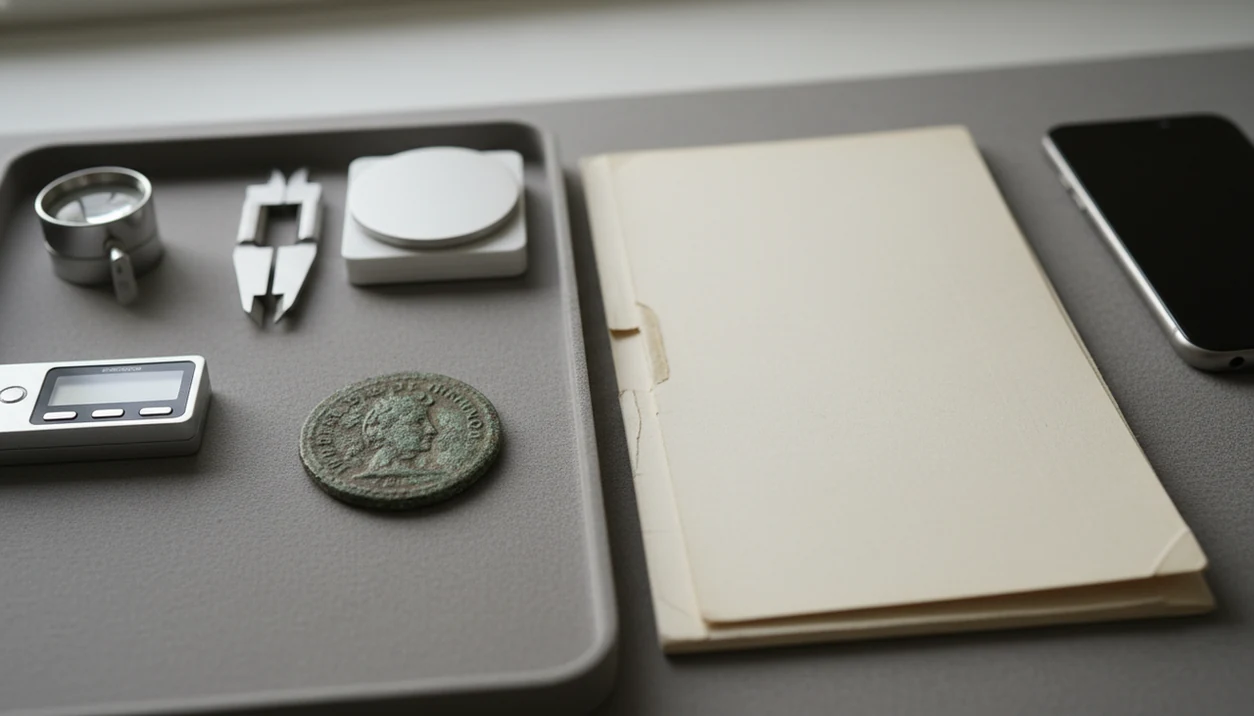 Ancient coin on an archival tray with loupe, calipers, scale, and provenance folder for careful review.
