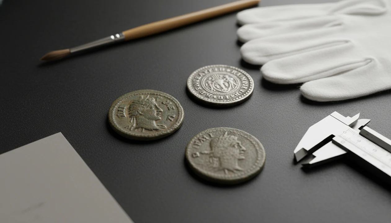 Ancient coins arranged with calipers and gloves on an archival surface for careful identification.