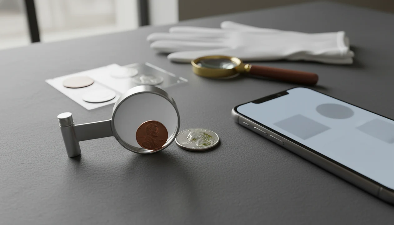A phone, loupe, and worn coins arranged for checking possible mint errors versus damage.