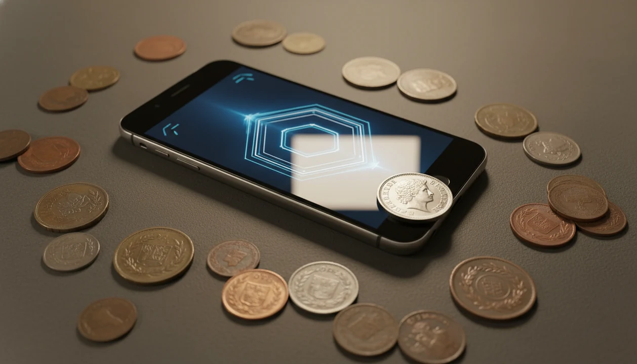 A smartphone and assorted foreign coins arranged to show both sides for coin identification.