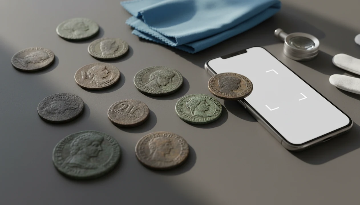 Old coins are arranged beside a smartphone, gloves, cloth, and loupe for careful photo identification.