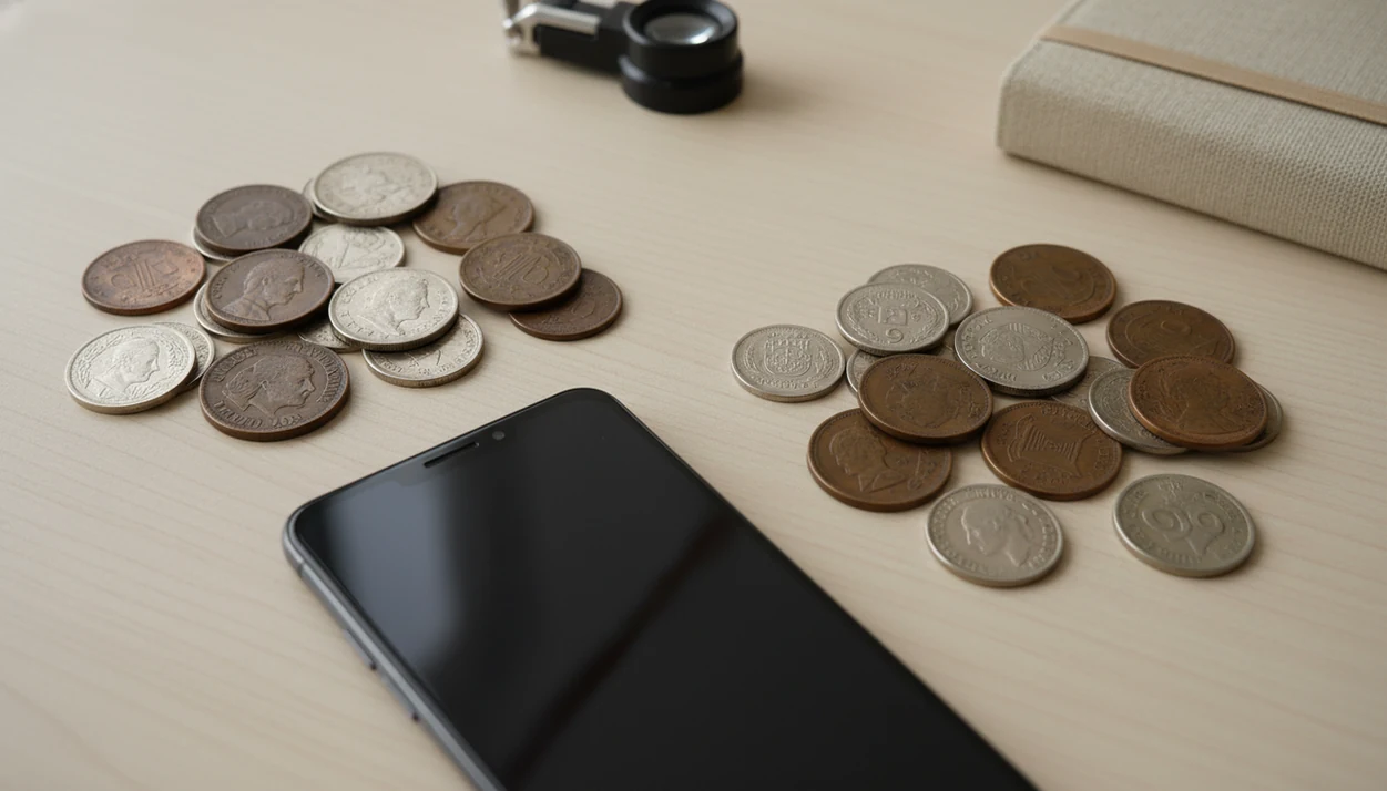A smartphone, loupe, and assorted coins on a desk suggest photo-based coin identification and value checking.
