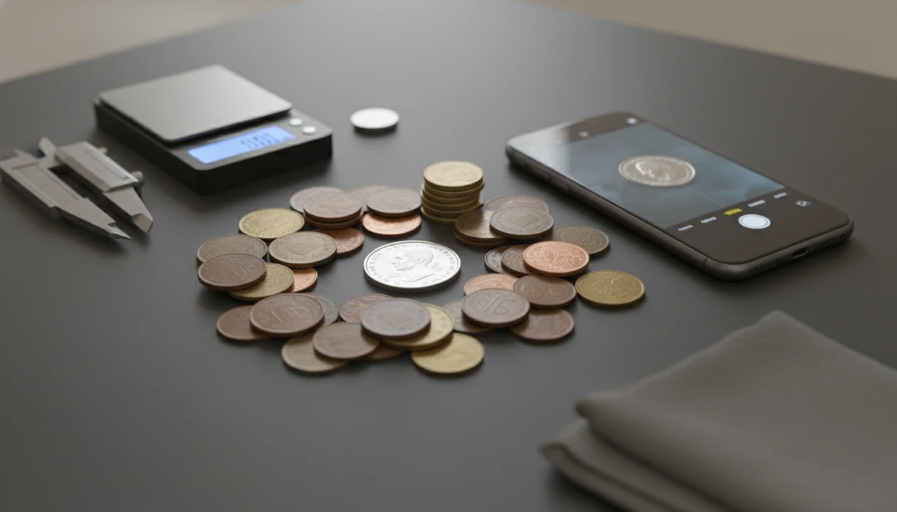 A phone scans a silver-colored coin beside a scale, calipers, and magnet for verification.