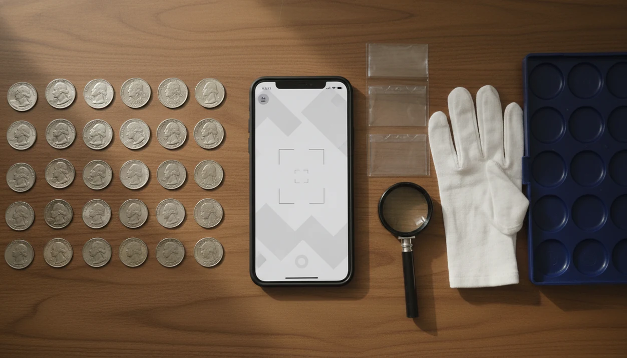 A neatly organized coin collection workspace with coins, storage tray, loupe, gloves, and a phone for cataloging.