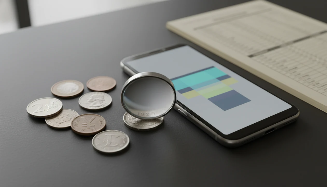 Coins, a phone scanner, and a magnifying loupe suggest checking app results against real coin details.