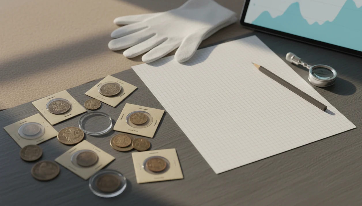 Coins, record sheets, and collecting tools arranged for organized value tracking on a desk.