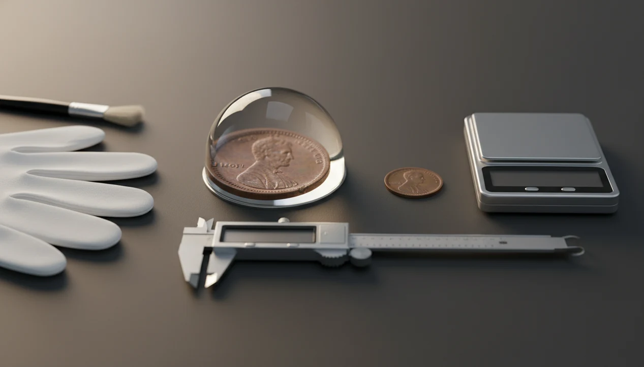 A coin inspection setup with magnifier, comparison coin, caliper, scale, gloves, and brush on a dark desk.