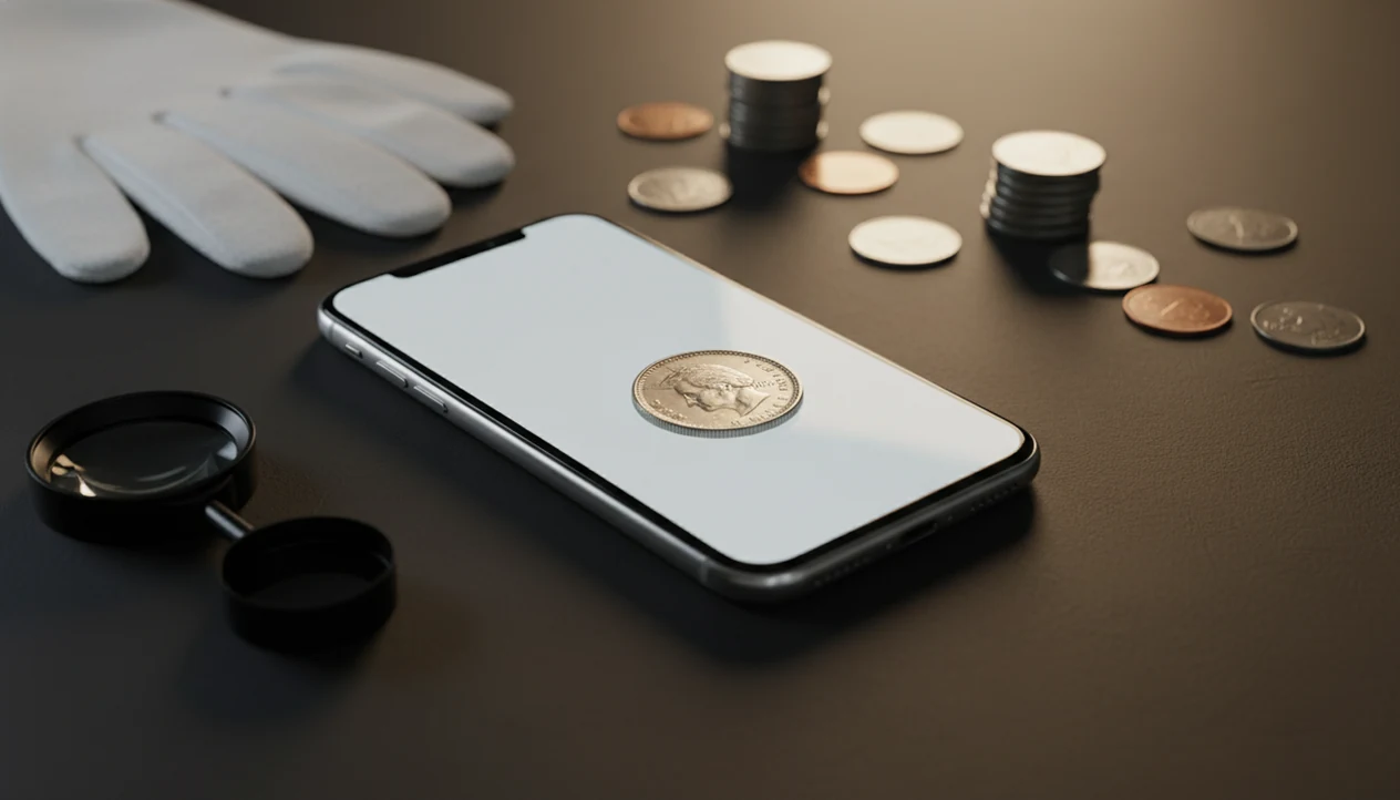 A smartphone, magnifying loupe, glove, and mixed coins arranged for coin value identification.