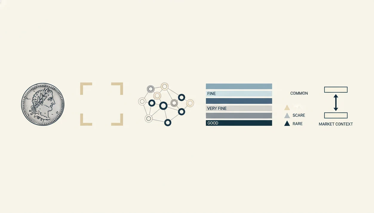 An abstract diagram shows a coin moving through identification, grade, rarity, and value signals.