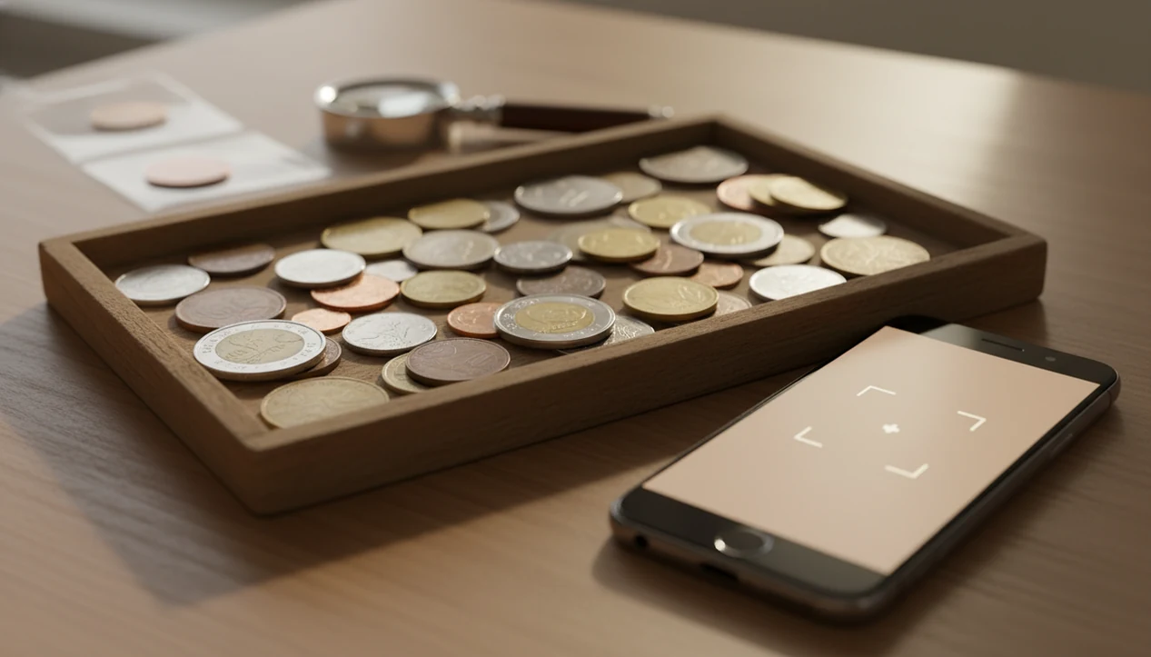 A smartphone sits beside a tray of mixed foreign coins ready for photo identification.