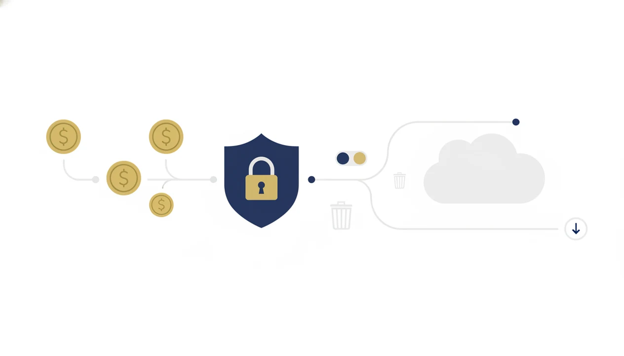 An illustration shows coin images moving between cloud storage, export, deletion, and privacy controls.
