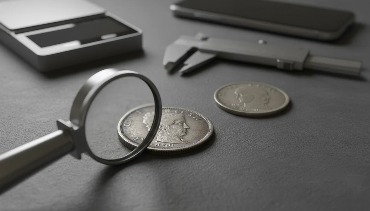 A coin under a jeweler’s loupe beside calipers, a scale, and a phone, suggesting careful authentication.
