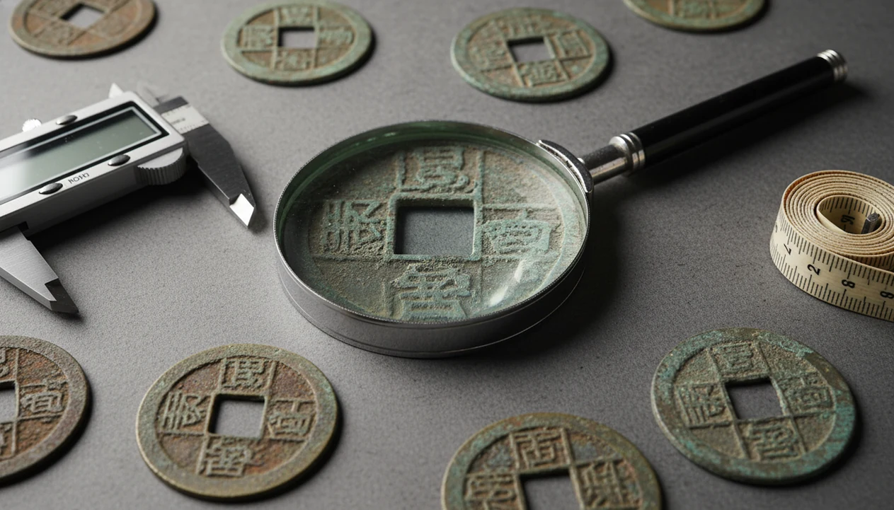 Aged square-hole Chinese cash coins are examined with a loupe and caliper on a dark archival mat.
