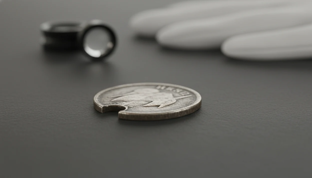 A close-up coin with a crescent clipped edge being inspected on a dark surface.
