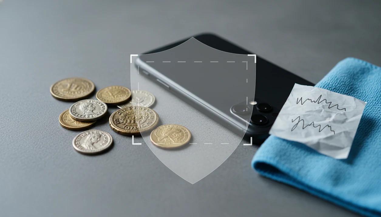 Old coins, a face-down phone, and a privacy shield suggest safer coin photo uploads.