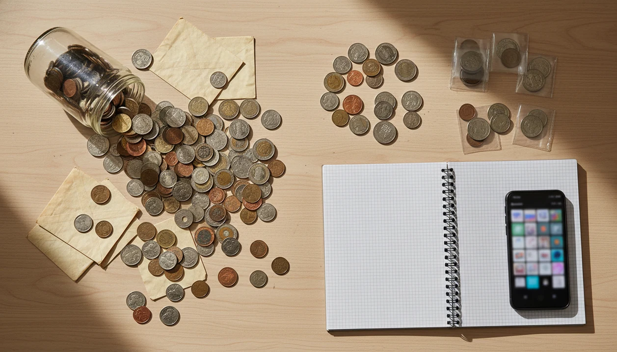 A messy coin jar beside neatly sorted coins, flips, and photo inventory tools on a tabletop.