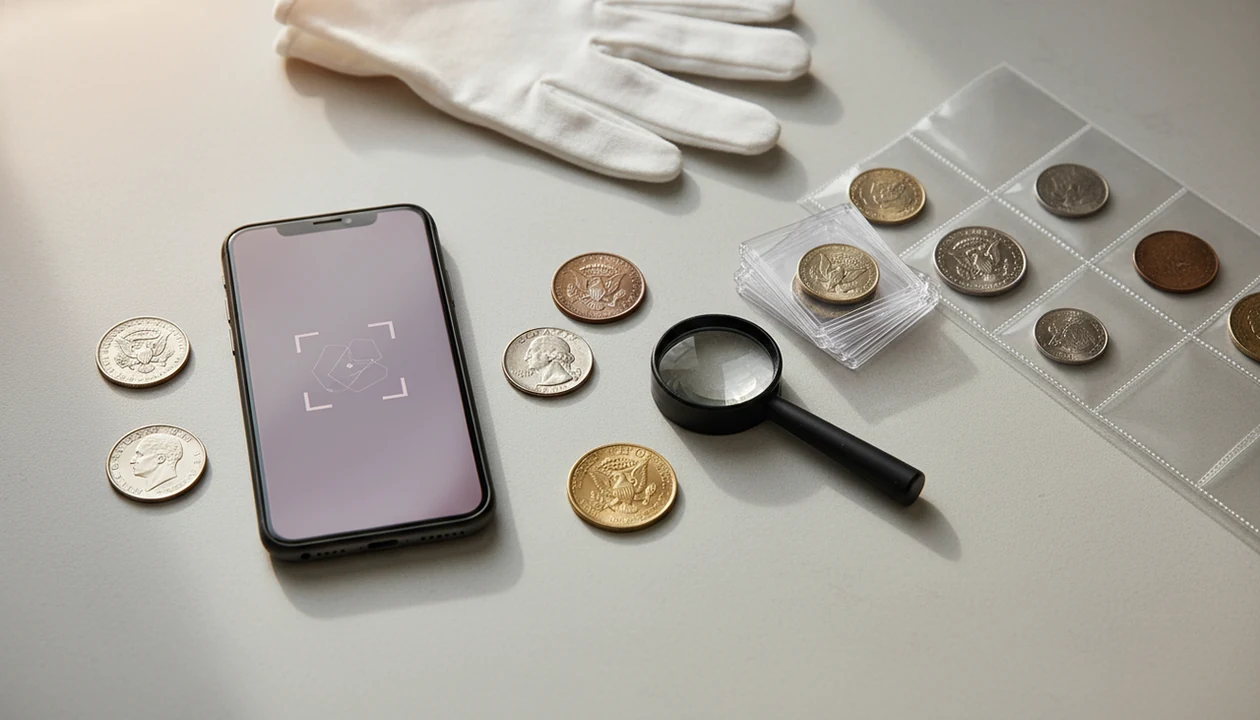 A smartphone, coins, loupe, gloves, and storage sleeves arranged for a beginner coin collecting workflow.