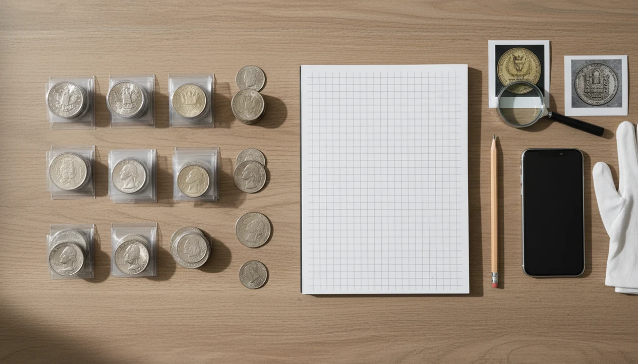 A neatly arranged coin inventory workspace with coins, blank record sheets, photos, gloves, and a magnifier.