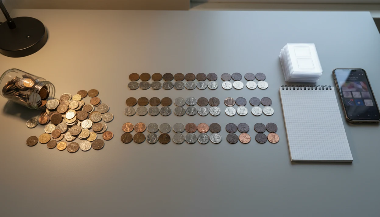 A messy coin jar becomes organized rows, flips, notes, and a phone-based inventory workspace.