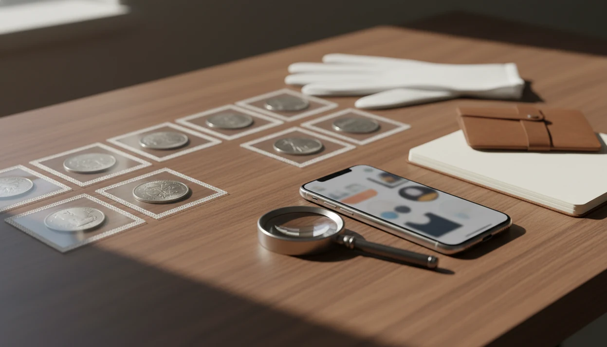 A collector’s desk with coins, a loupe, gloves, notebook, and phone arranged for cataloging a coin collection.