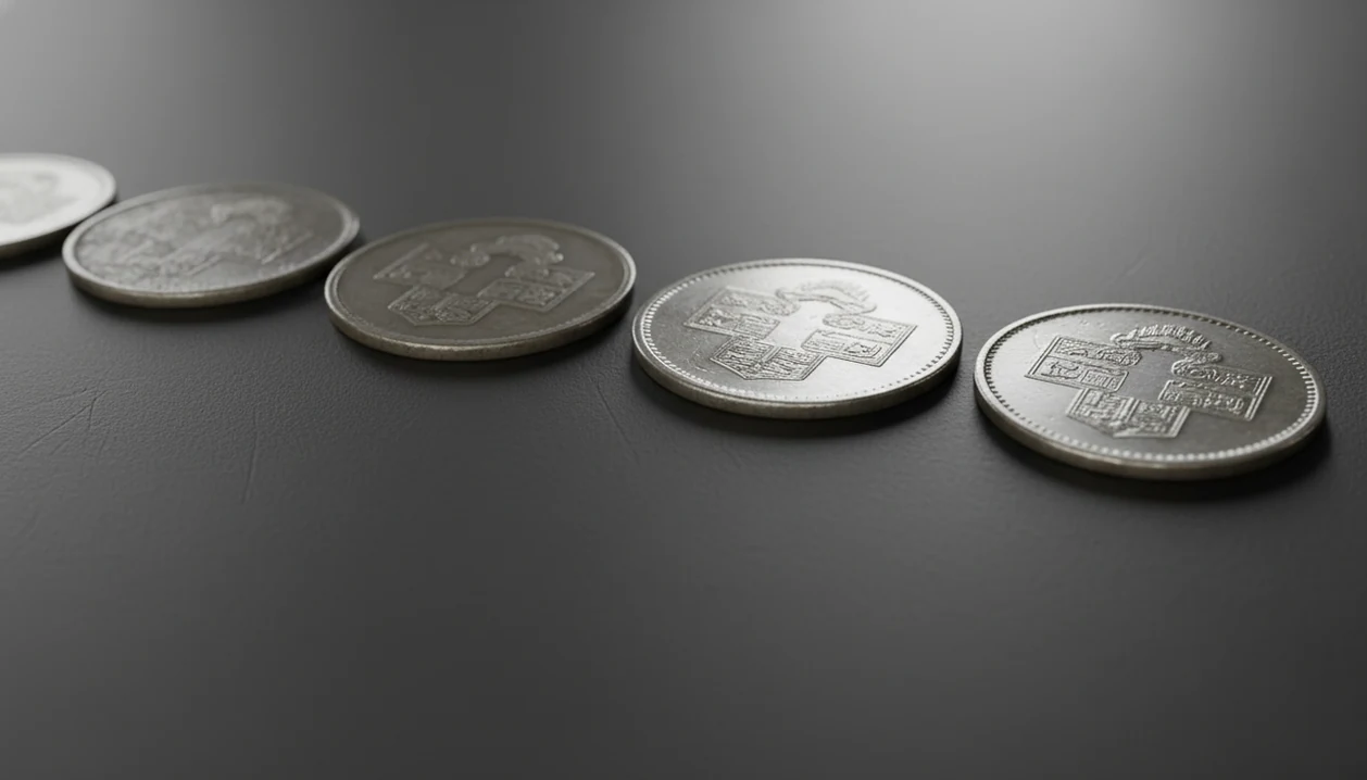 A row of similar coins shows condition progressing from worn circulated surfaces to sharp Mint State detail.