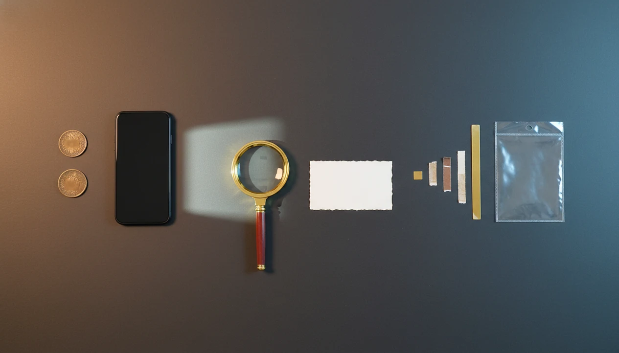 A flat lay shows coins moving through scan, review, rarity, value, and record-keeping stages.