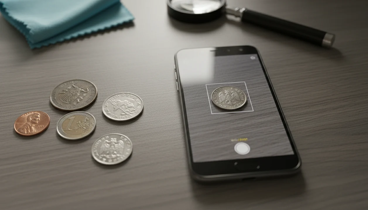 An Android phone scans a coin on a desk beside assorted collectible coins and a magnifier.