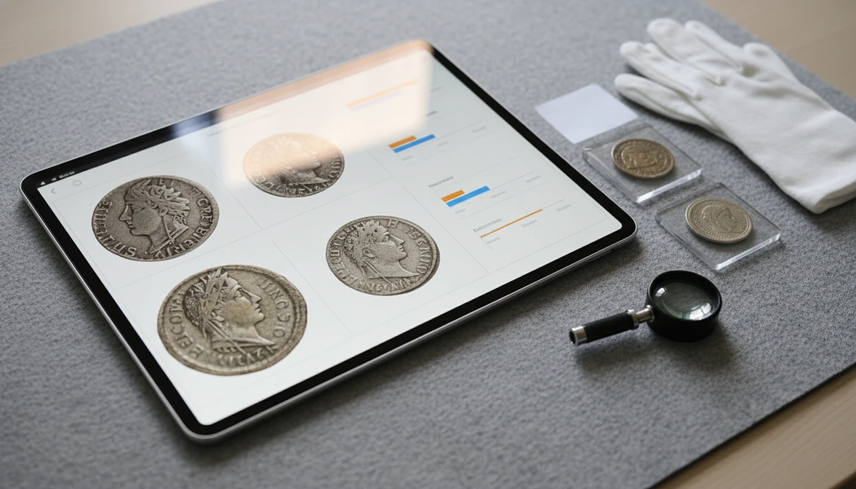 A tablet displays enlarged coin photos on a collector’s desk with coins, gloves, and a magnifying loupe nearby.