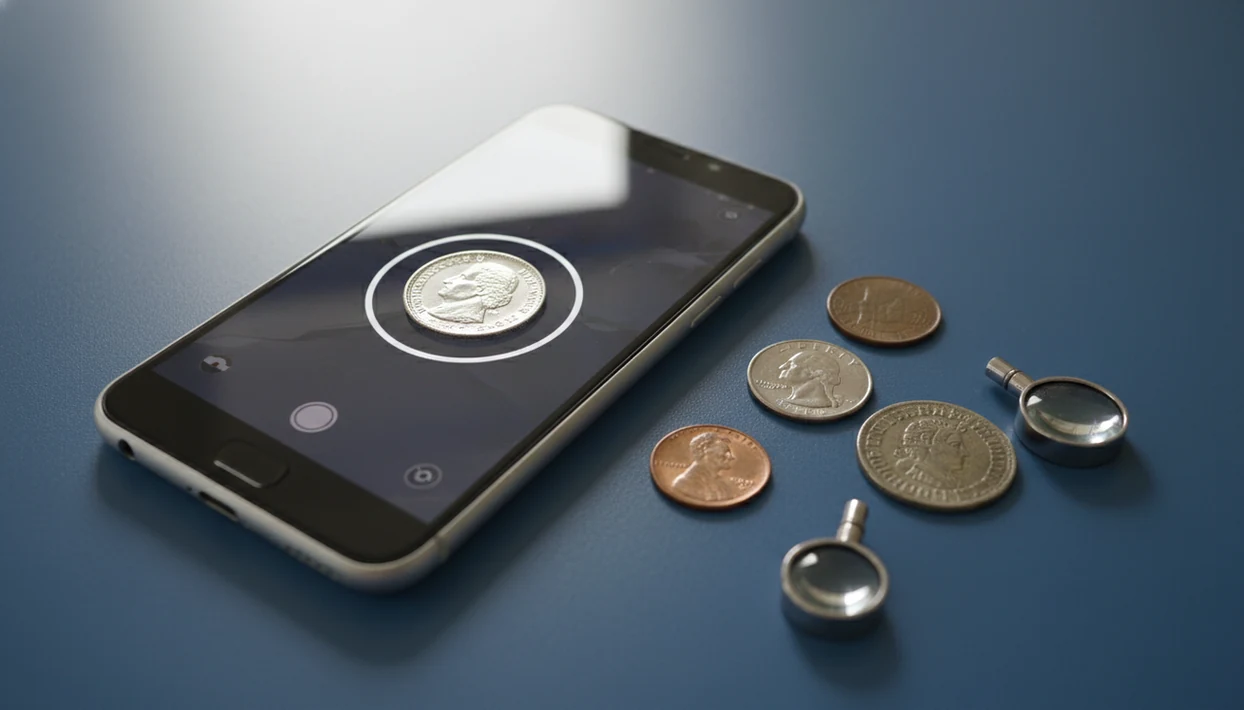 An iPhone scans a coin on a collector’s desk with loose coins and a magnifying loupe nearby.