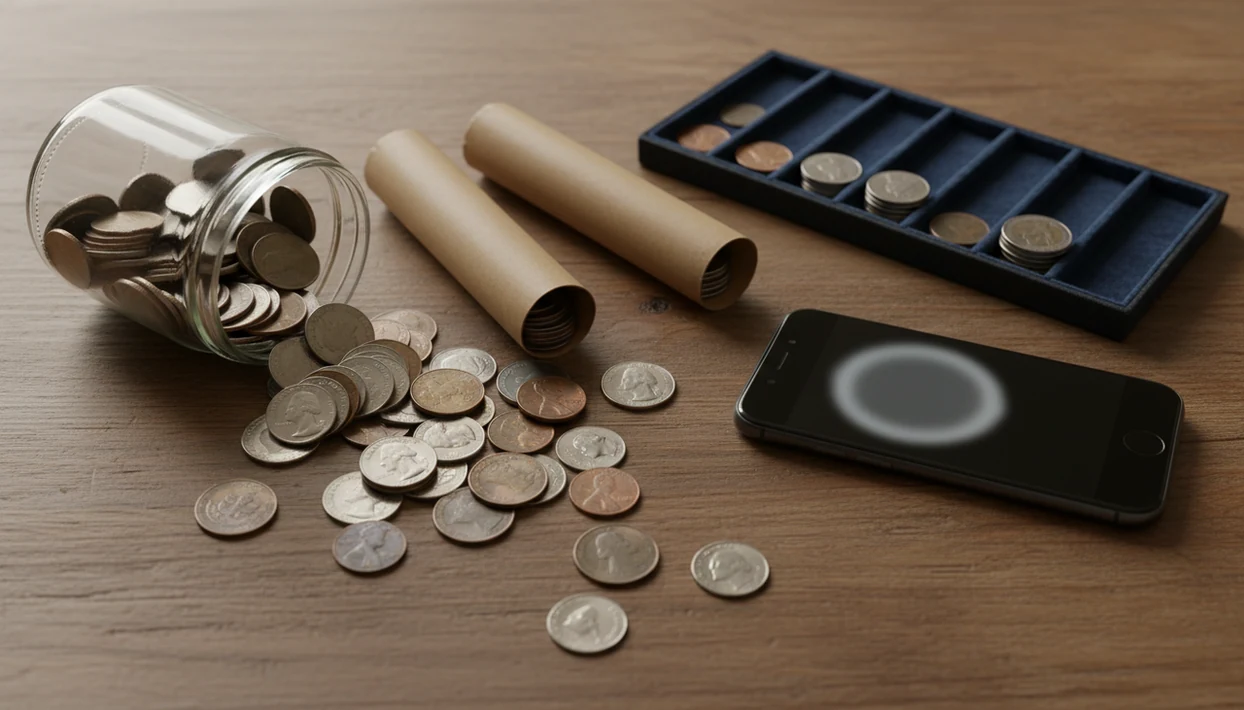 A jar, coin rolls, tray, and phone suggest realistic coin identification from everyday finds.