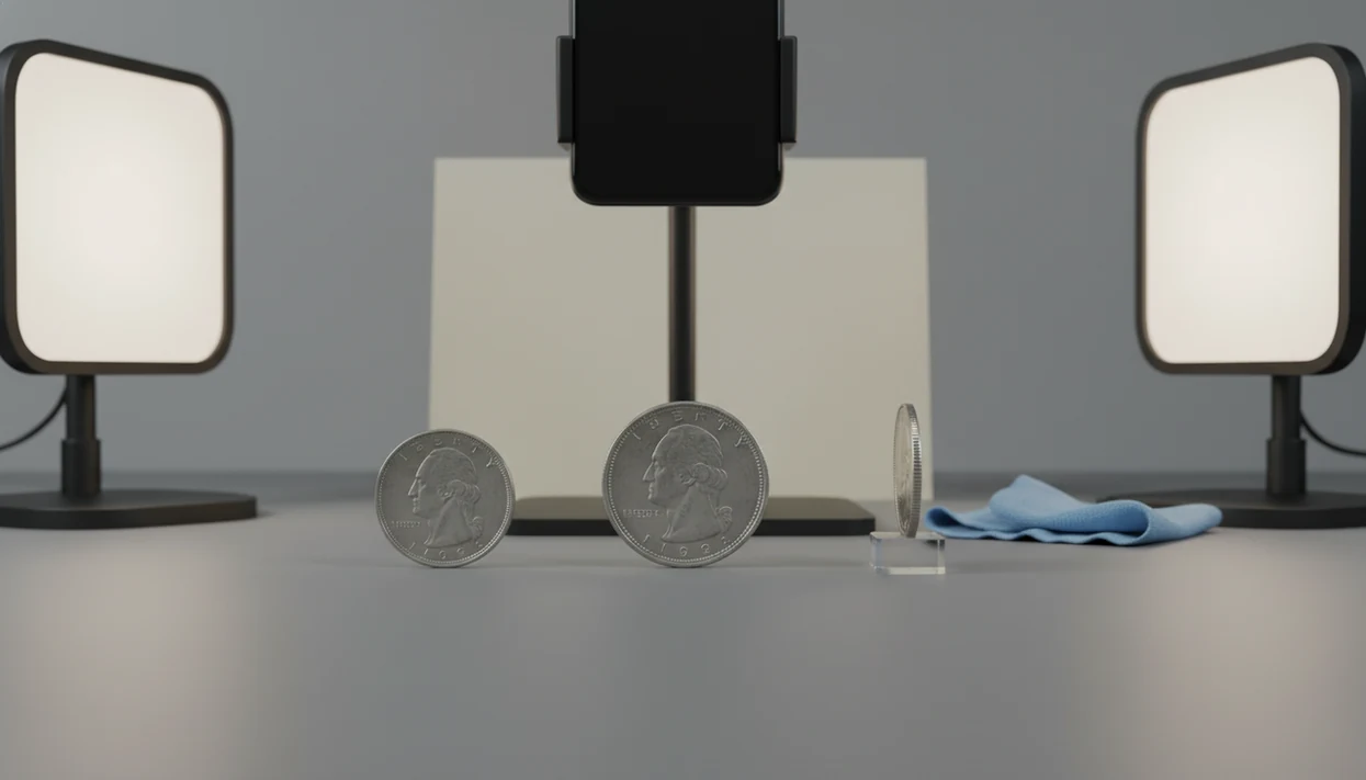 A coin photography setup with diffuse lighting, neutral background, and multiple coin views ready for scanning.