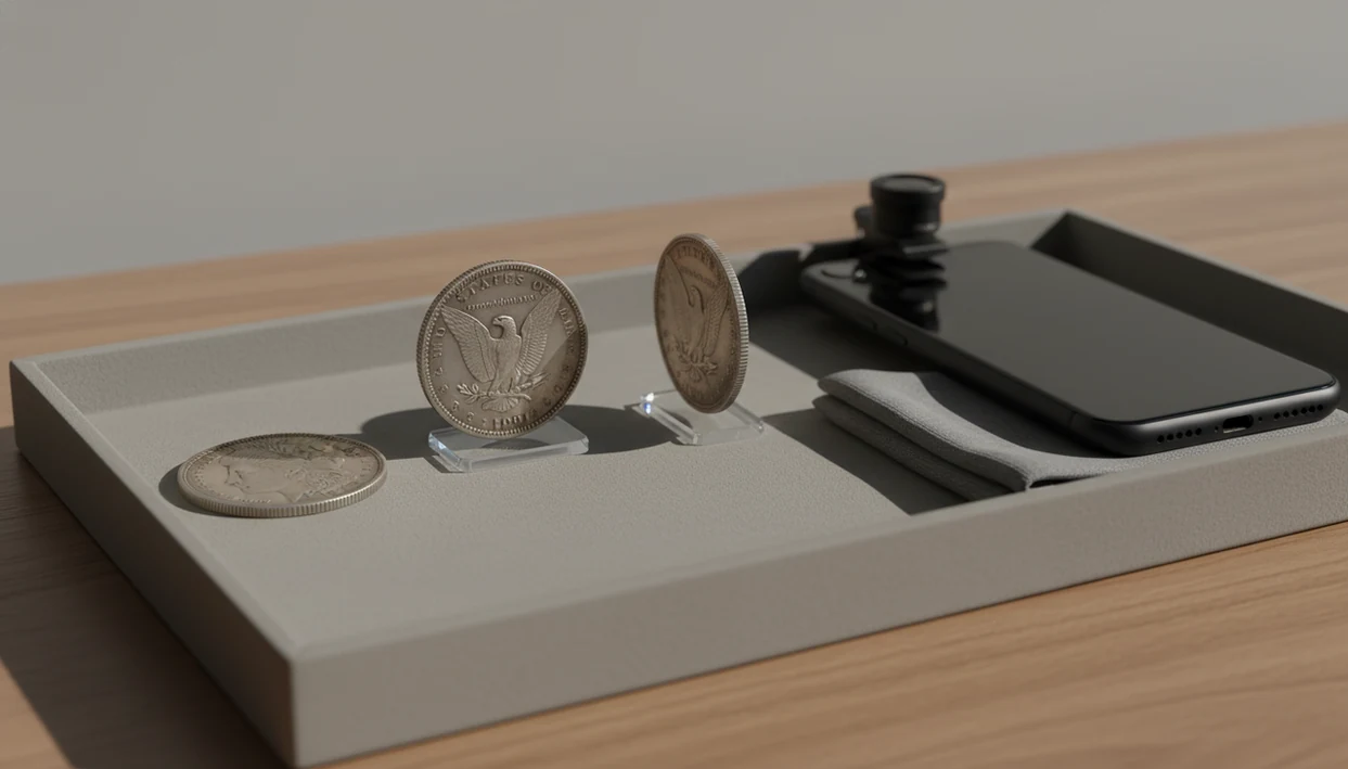 A smartphone and macro lens sit beside coins arranged to show obverse, reverse, and edge details.