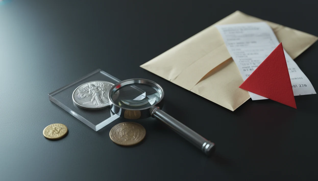 A loupe, slabbed coin, loose coins, and shipping materials arranged as a cautious coin sale check.