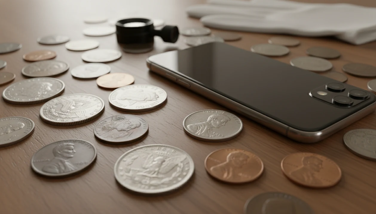 A smartphone, loupe, gloves, and mixed collectible coins arranged for careful value research.