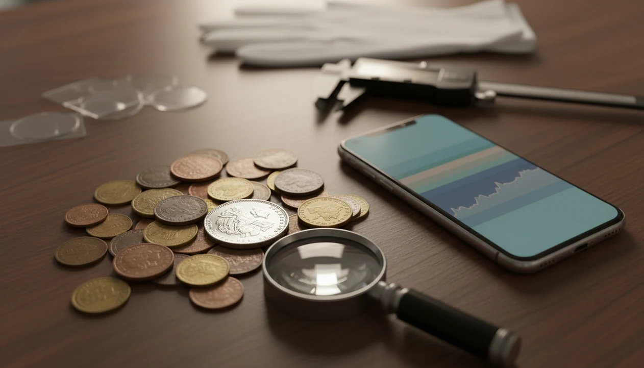 Vintage coins, a loupe, and a phone suggest value ranges and grading context for coin estimates.