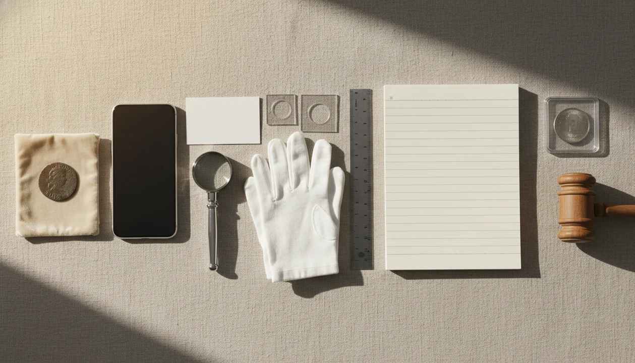 A flat lay shows a coin moving through research tools toward a sale decision.