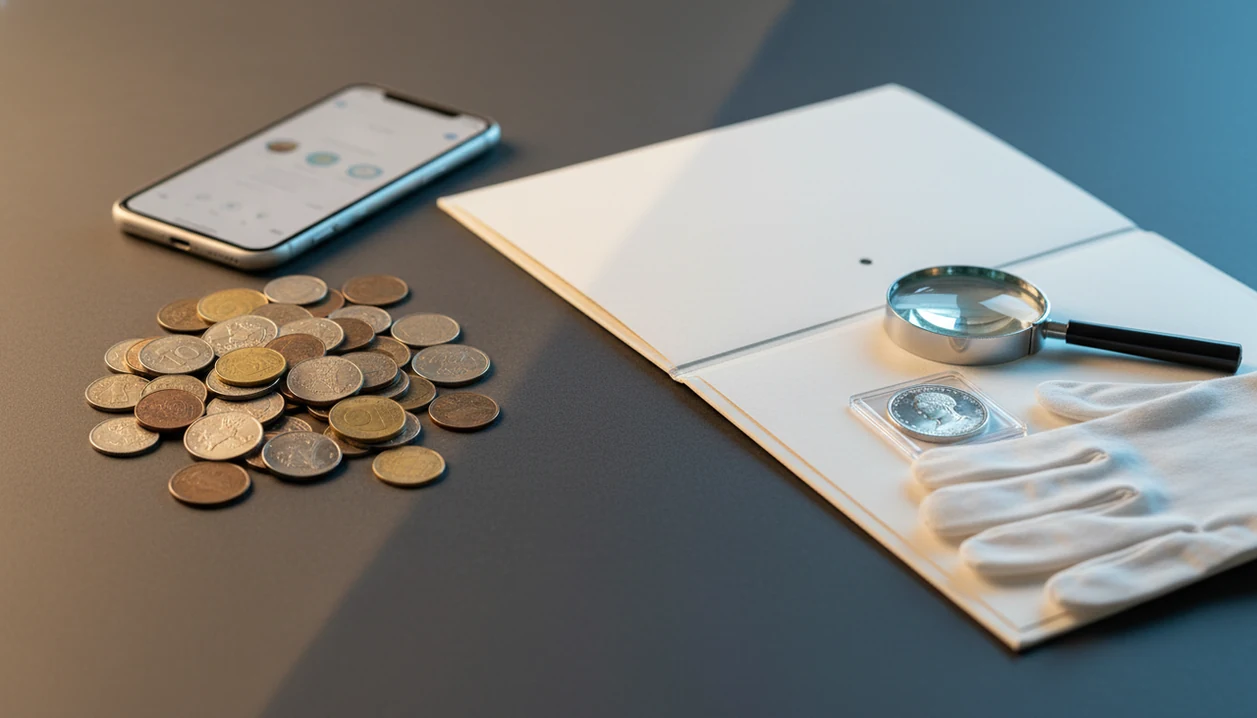 Coins, a phone, and appraisal paperwork arranged to contrast informal estimates with formal documentation.