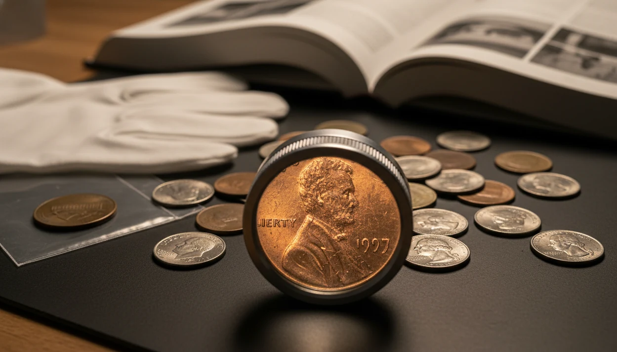 A coin under a jeweler’s loupe on a collector’s desk for checking date, mint mark, and die clues.