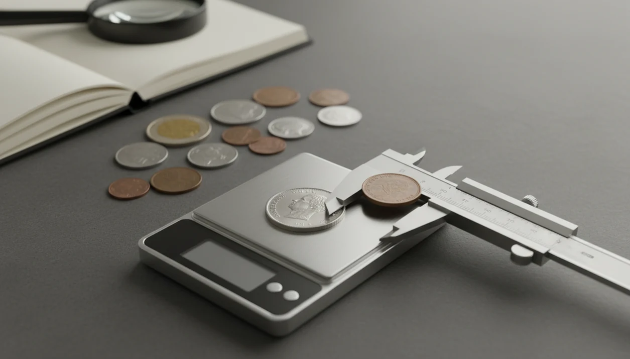 Coins are measured with calipers and a precision scale for weight, diameter, and composition lookup.