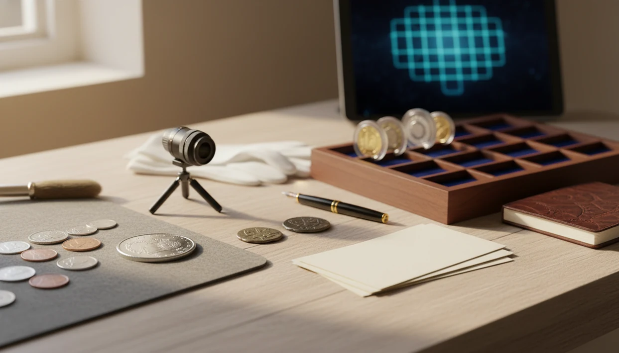 An organized coin collecting desk with coins, holders, gloves, record cards, and storage trays arranged in a workflow.