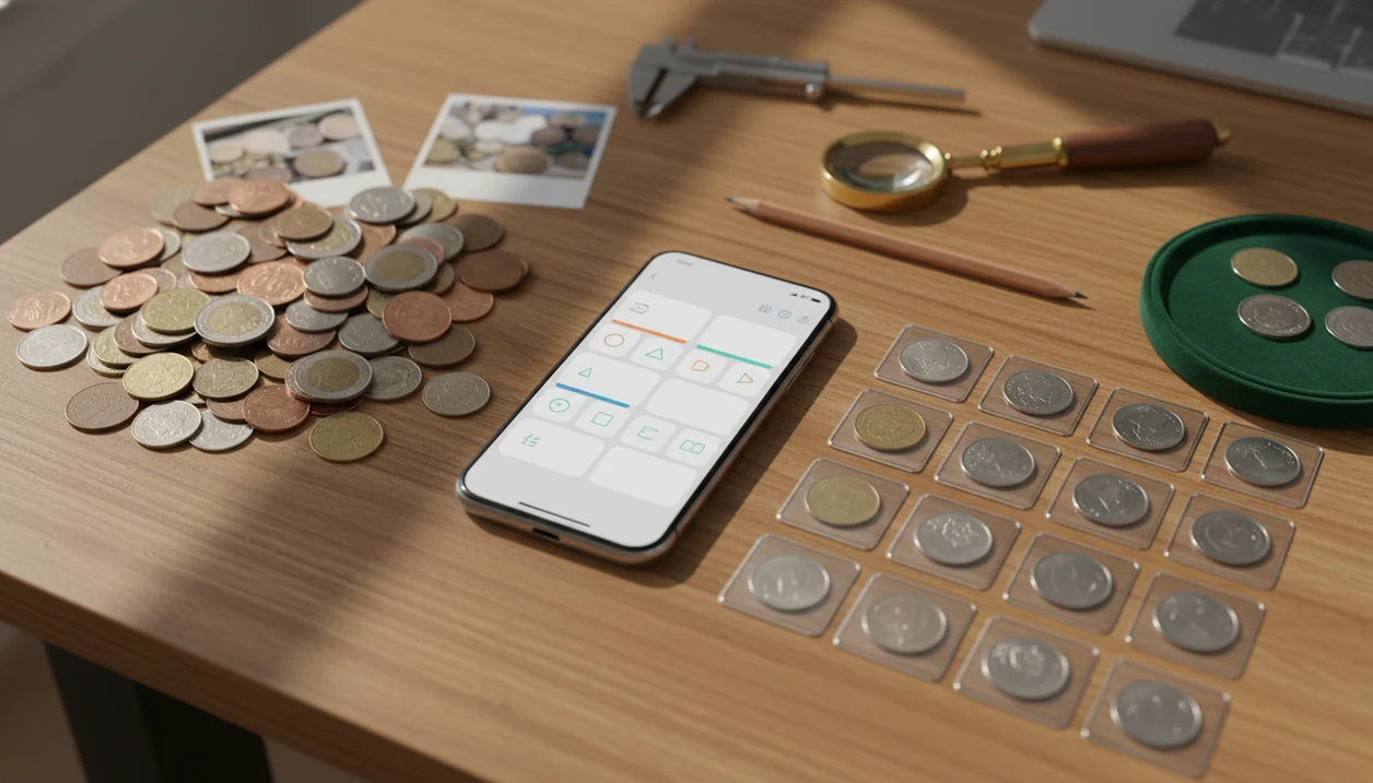 Coins move from a loose pile into organized trays beside a phone and collecting tools.