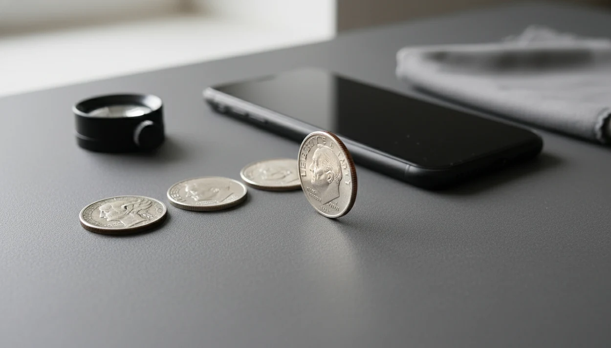 A collector’s desk shows Mercury and Roosevelt dimes beside a phone, loupe, and silver versus clad edges.