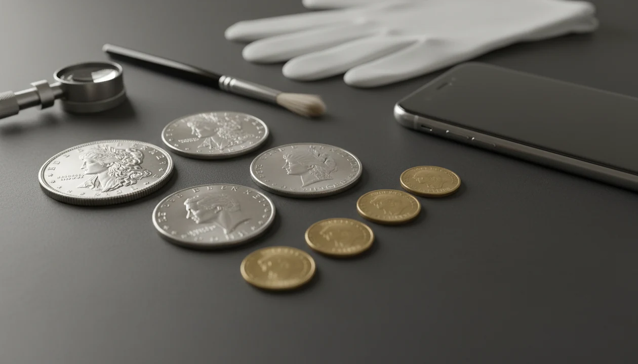 A tabletop arrangement of assorted U.S. dollar coins with a loupe, gloves, and a blank phone screen.