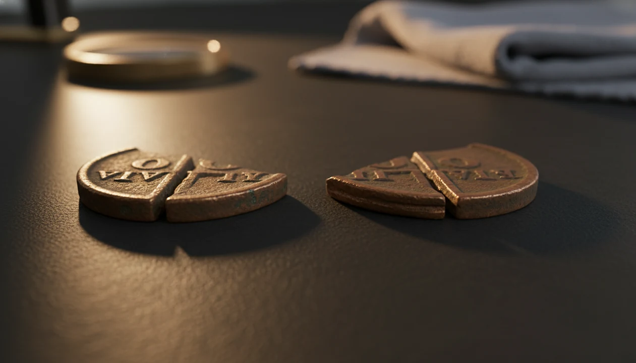 Macro view comparing rounded doubled coin details with flat shelf-like machine doubling.