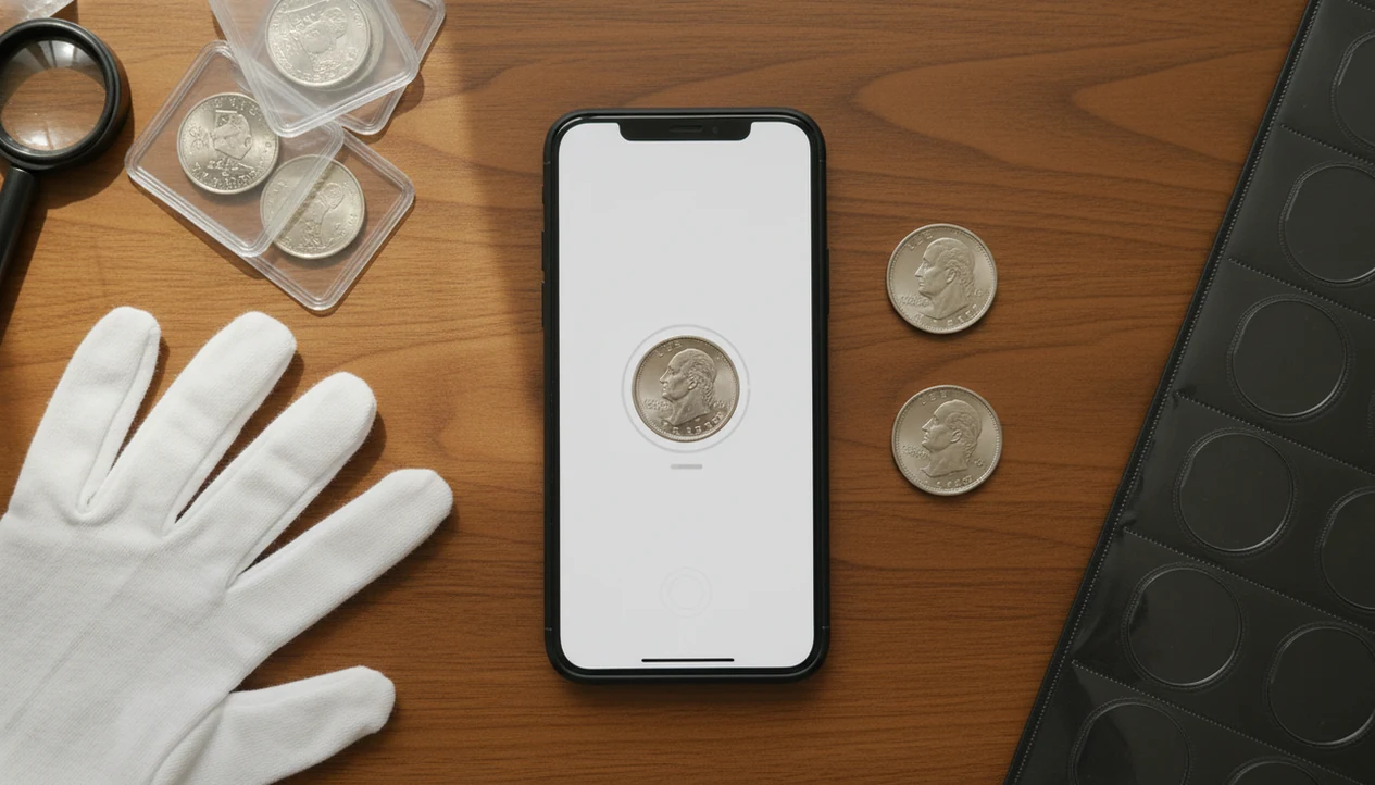 A smartphone scans collectible coins on a desk with coin flips, a loupe, gloves, and an album page nearby.