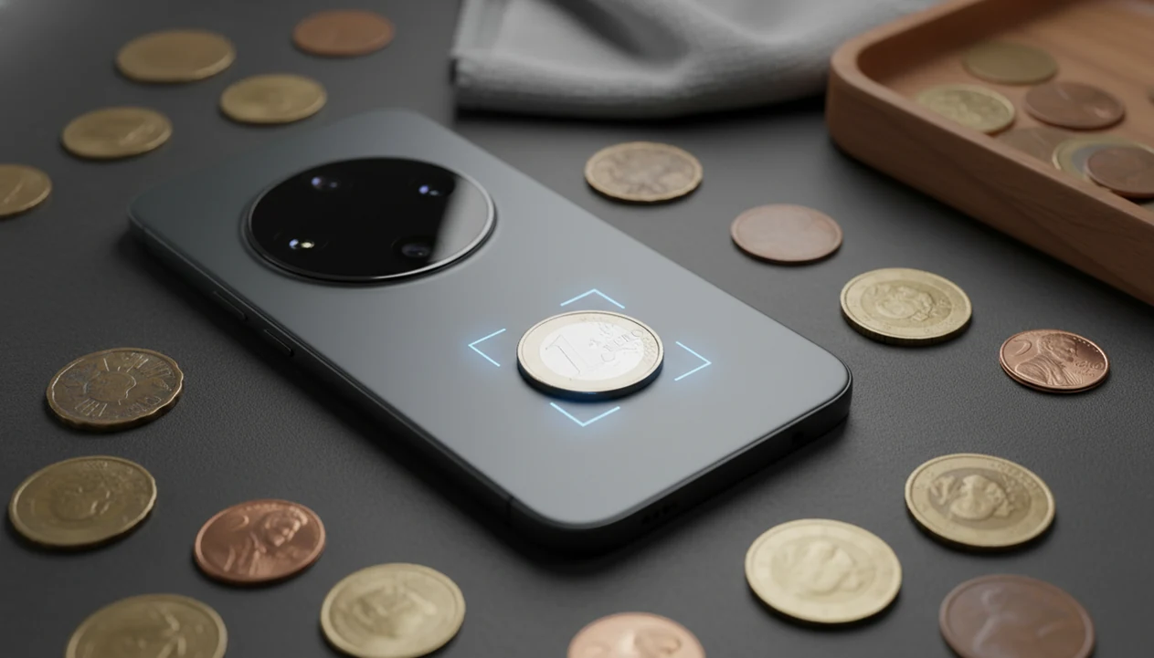 A smartphone scans a silver coin on a desk beside mixed coins and a collector tray.