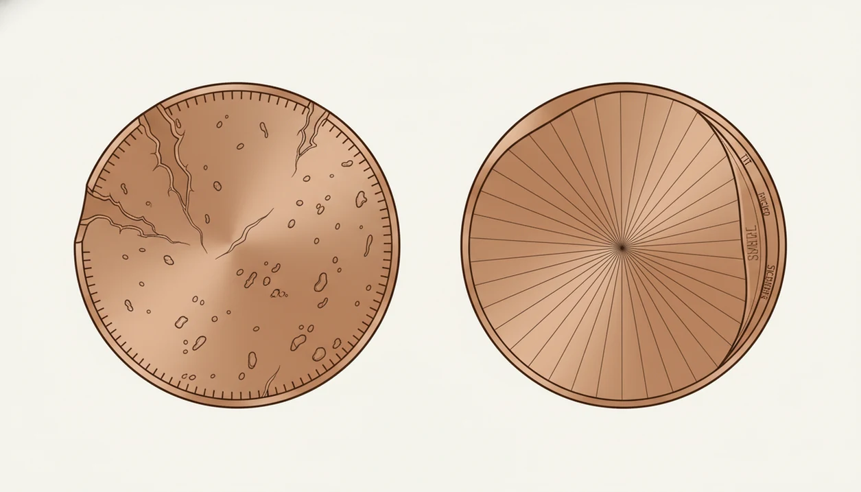 An illustration contrasts random coin damage with smoother mint-made metal flow and rim features.