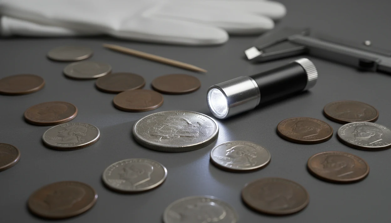 A suspicious coin is examined under a loupe with tools for checking mint errors and damage nearby.