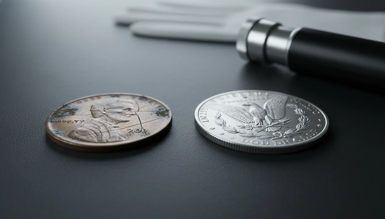 Two coins are examined side by side, contrasting random damage with a cleaner minting error.